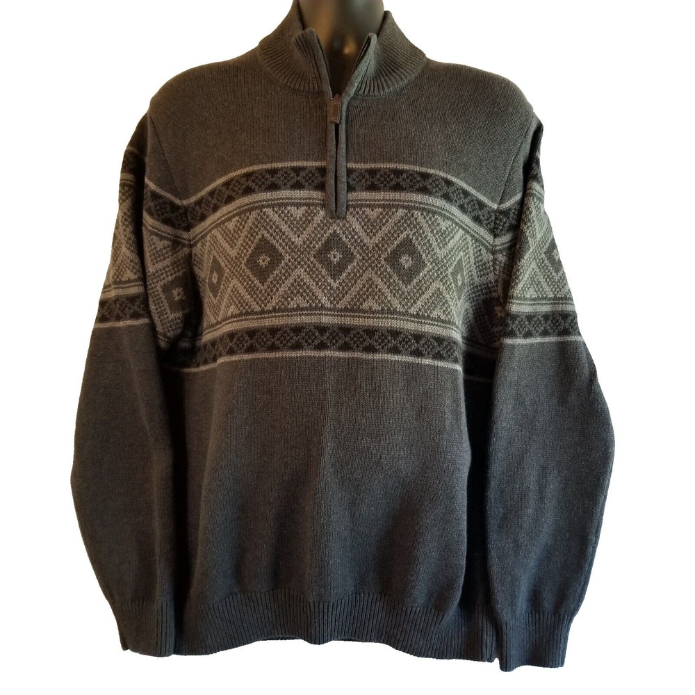 Izod Pullover Sweater Men's XL Gray Fair Isle 1/4 Zip Mock Neck Y2K Warm Ski